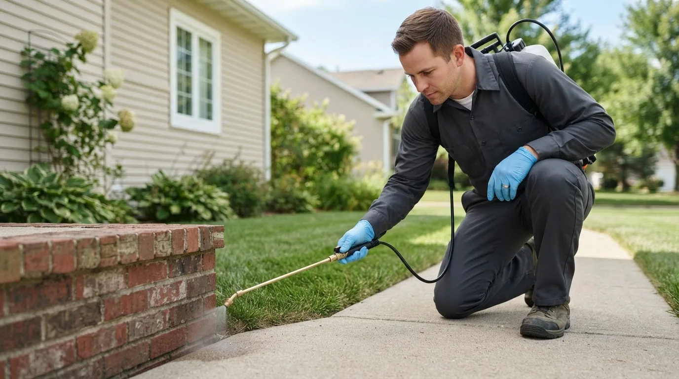 Pest control technician treating a home near Menasha, WI